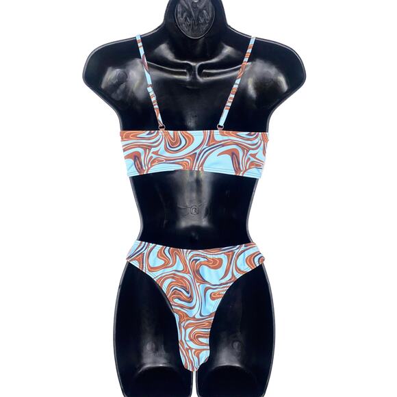 New Small Blue Brown‎ Swirl Bikini O Ring Triangle Padded Top Swimsuit Y2k 90s - Picture 6 of 6